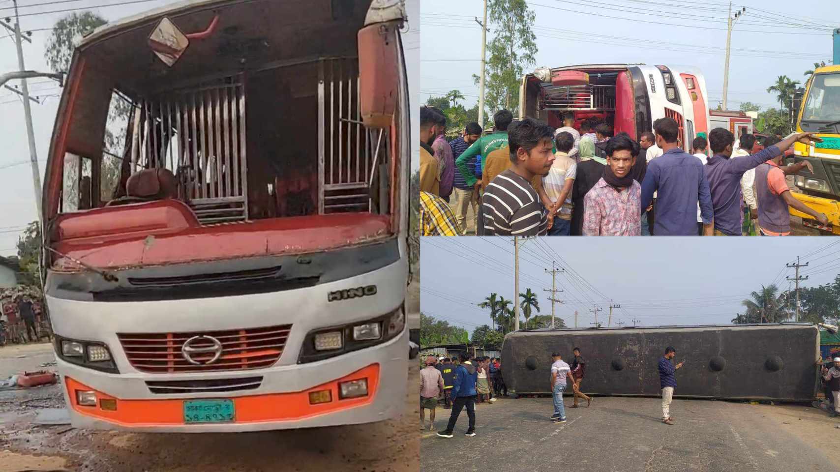 শায়েস্তাগঞ্জে মেক্সি গাড়ি বাঁচাতে গিয়ে শ্যামলী বাস উল্টে আহত ৫