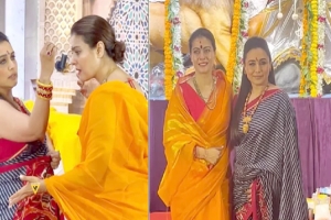 বাঙালি সাজে দেবীবোধনে খুশির আমেজে রানি-কাজল